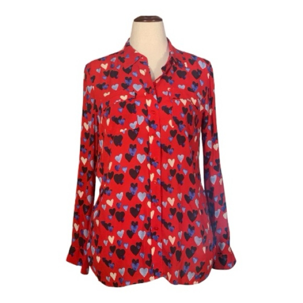 Talbots Red Long Sleeve‎ Button Up Shirt Blouse Blue White Black Hearts Size S - Picture 2 of 12